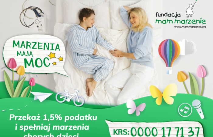 Grafika przedstawiająca bohaterki kampanii: Tosię i Małgorzatę Kożuchowską, Ambasadorkę Fundacji Mam Marzenie. Widać również hasło kampanii: Marzenia mają moc i numer KRS: 0000 17 71 37