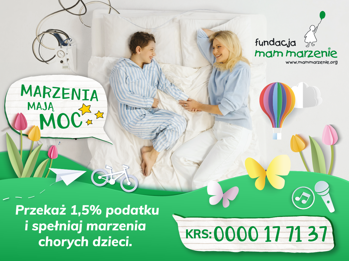 Grafika przedstawiająca bohaterki kampanii: Tosię i Małgorzatę Kożuchowską, Ambasadorkę Fundacji Mam Marzenie. Widać również hasło kampanii: Marzenia mają moc i numer KRS: 0000 17 71 37