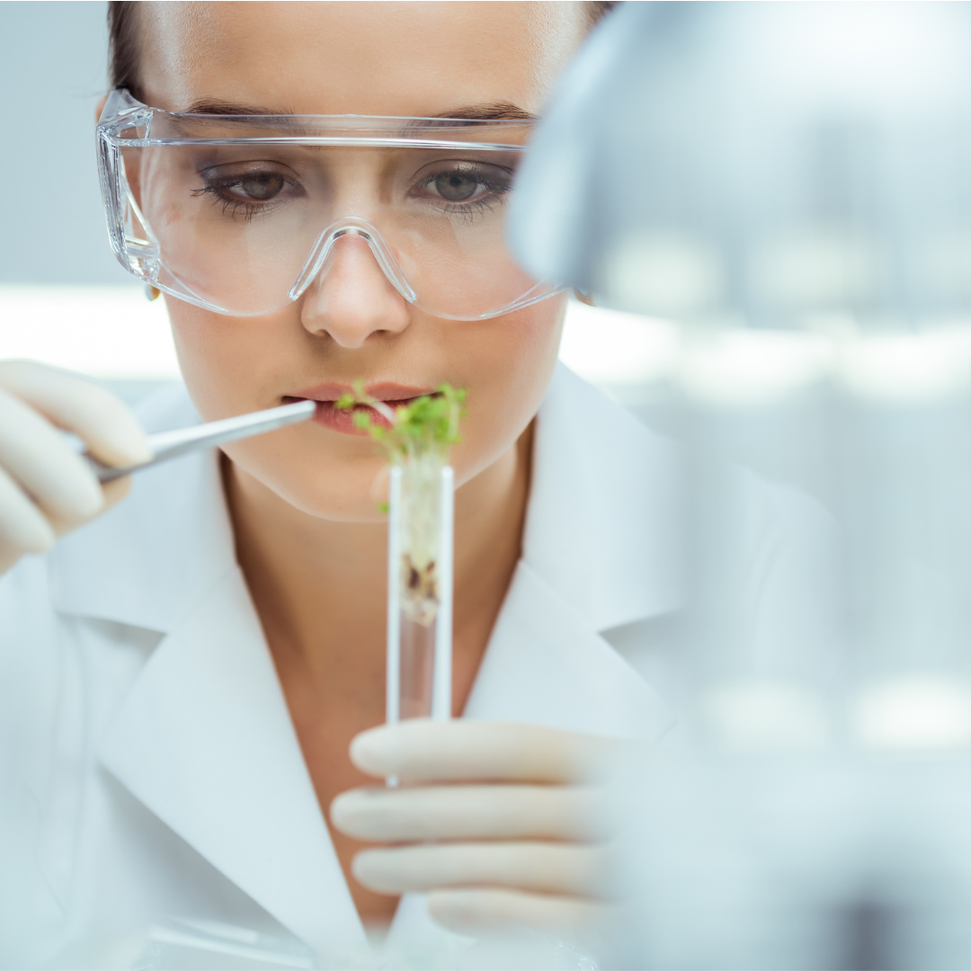 kobieta w laboratorium, trzymająca probówkę ze świeżo wyhodowaną rośliną
