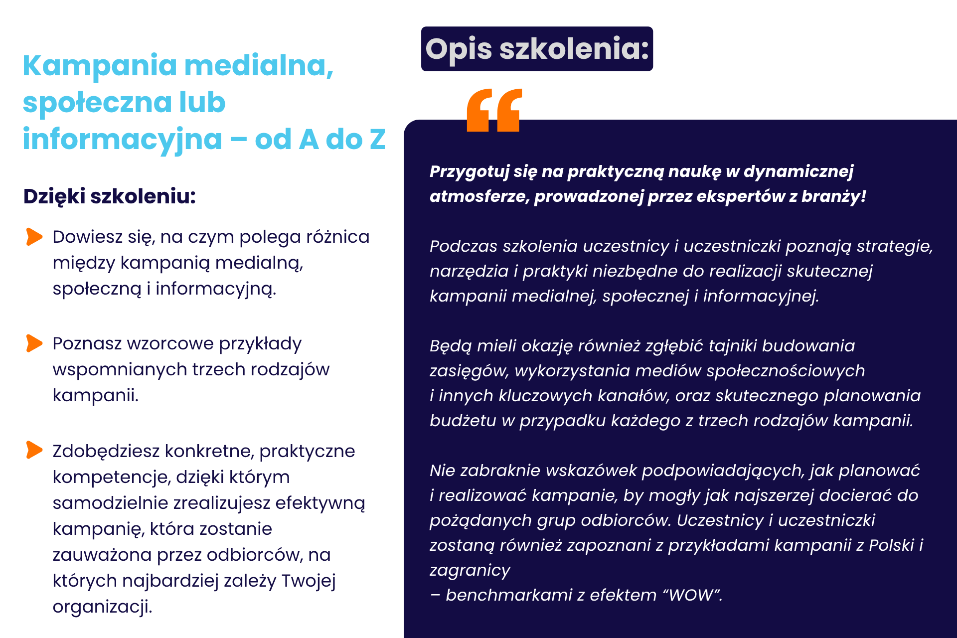 Infografika z opisem szkolenia i korzyściami płynącymi ze skorzystania ze szkolenia