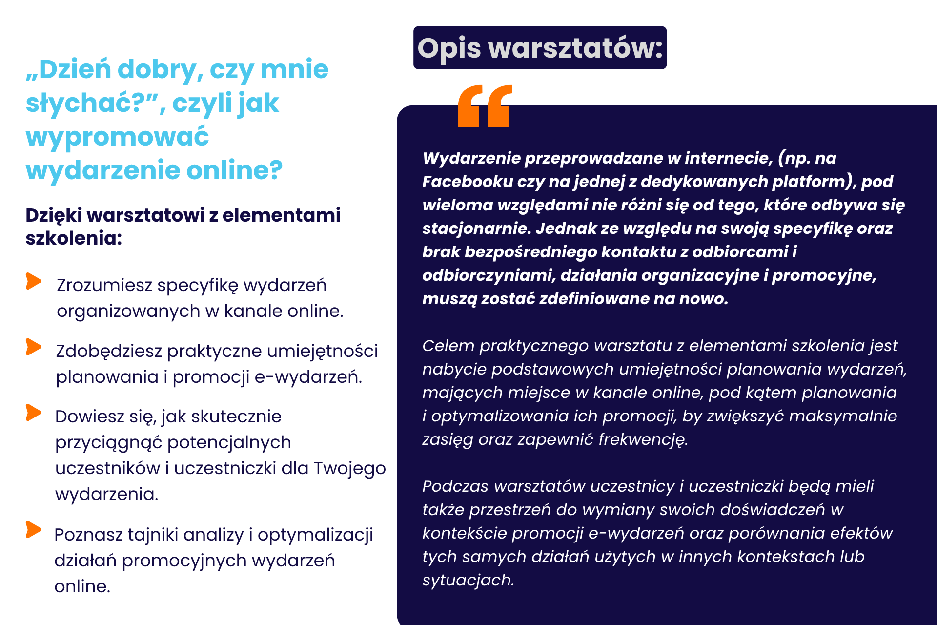 Infografika z opisem warsztatu i korzyściami płynącymi ze skorzystania z oferty