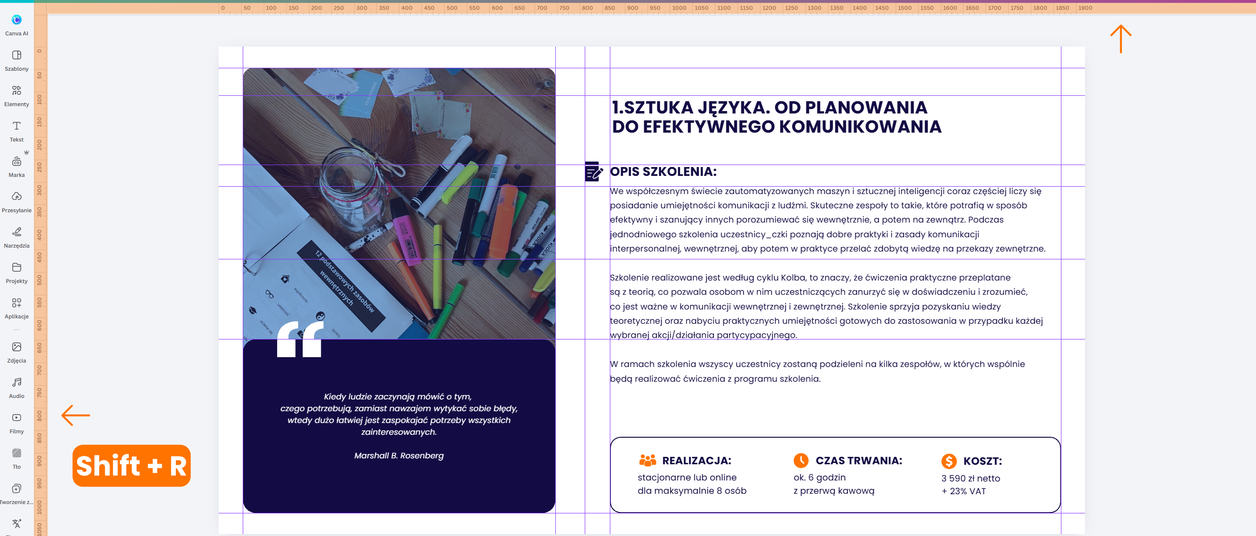 Screenshot pokazujący prowadnice w Canvie oraz skrót Shift + R